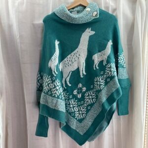 Llama Poncho Sweater‎ Knit Teal Aztec Geometric Button Cowl Neck Women's